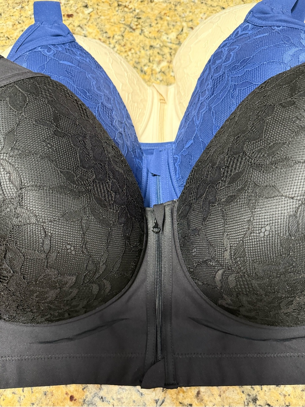 ShapeCurvey Women’s Front-Zip Lace Bra - Black, Blue, Beige- Size 46E